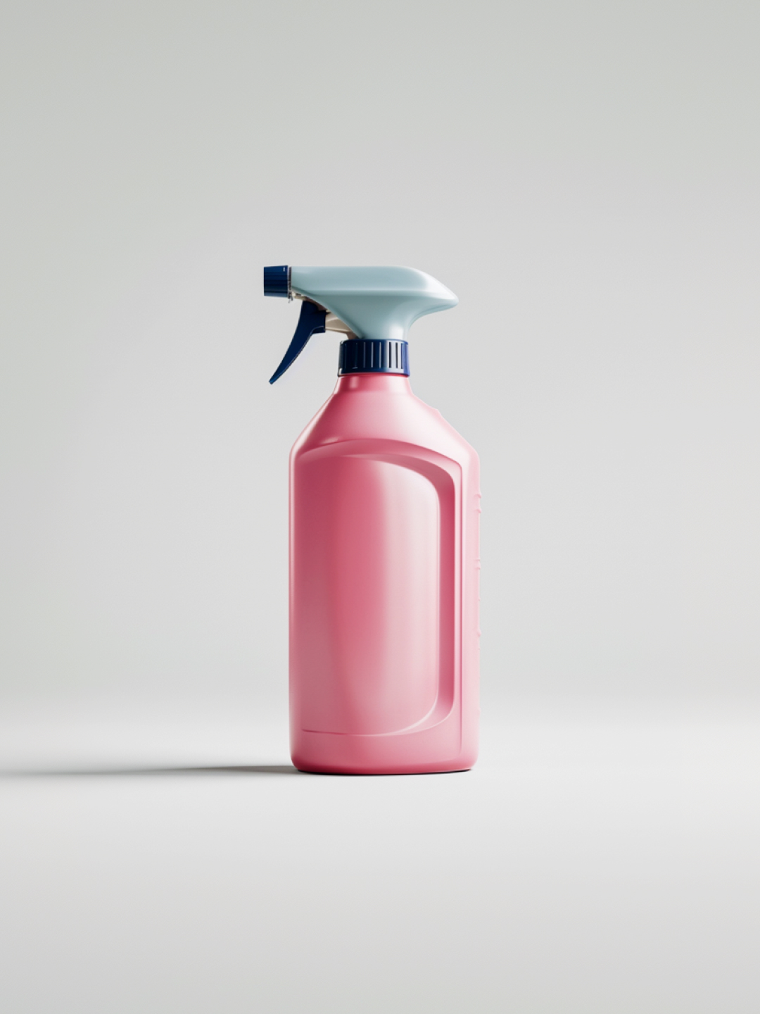 A pink spray bottle with a blue nozzle, set against a plain light background.