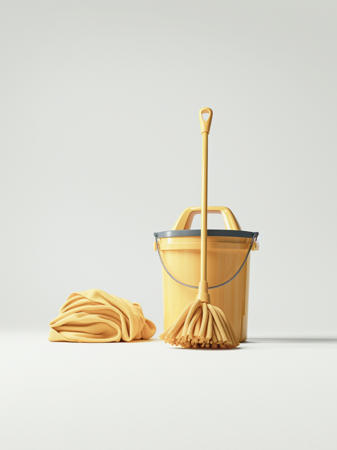 A yellow mop and a matching bucket, with a folded mop cloth beside them, set against a plain background.