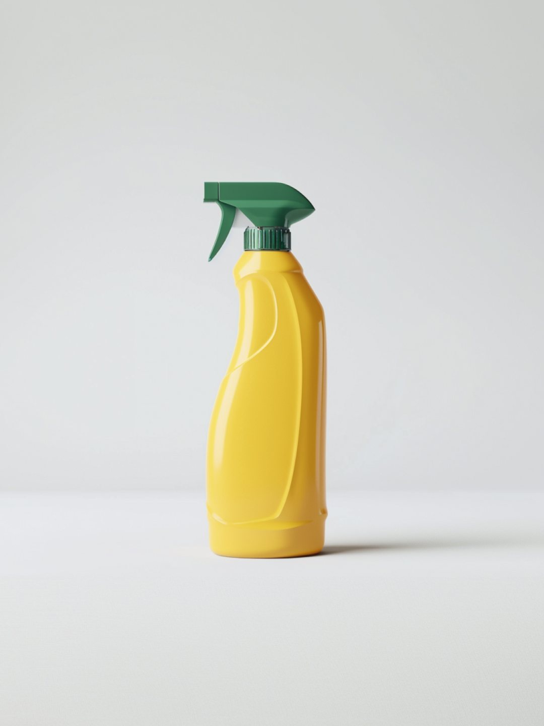 A yellow spray bottle with a green trigger nozzle, standing upright against a light background.