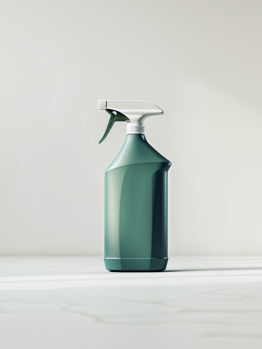 A green spray bottle with a white trigger nozzle, standing upright on a light surface against a soft, neutral background.