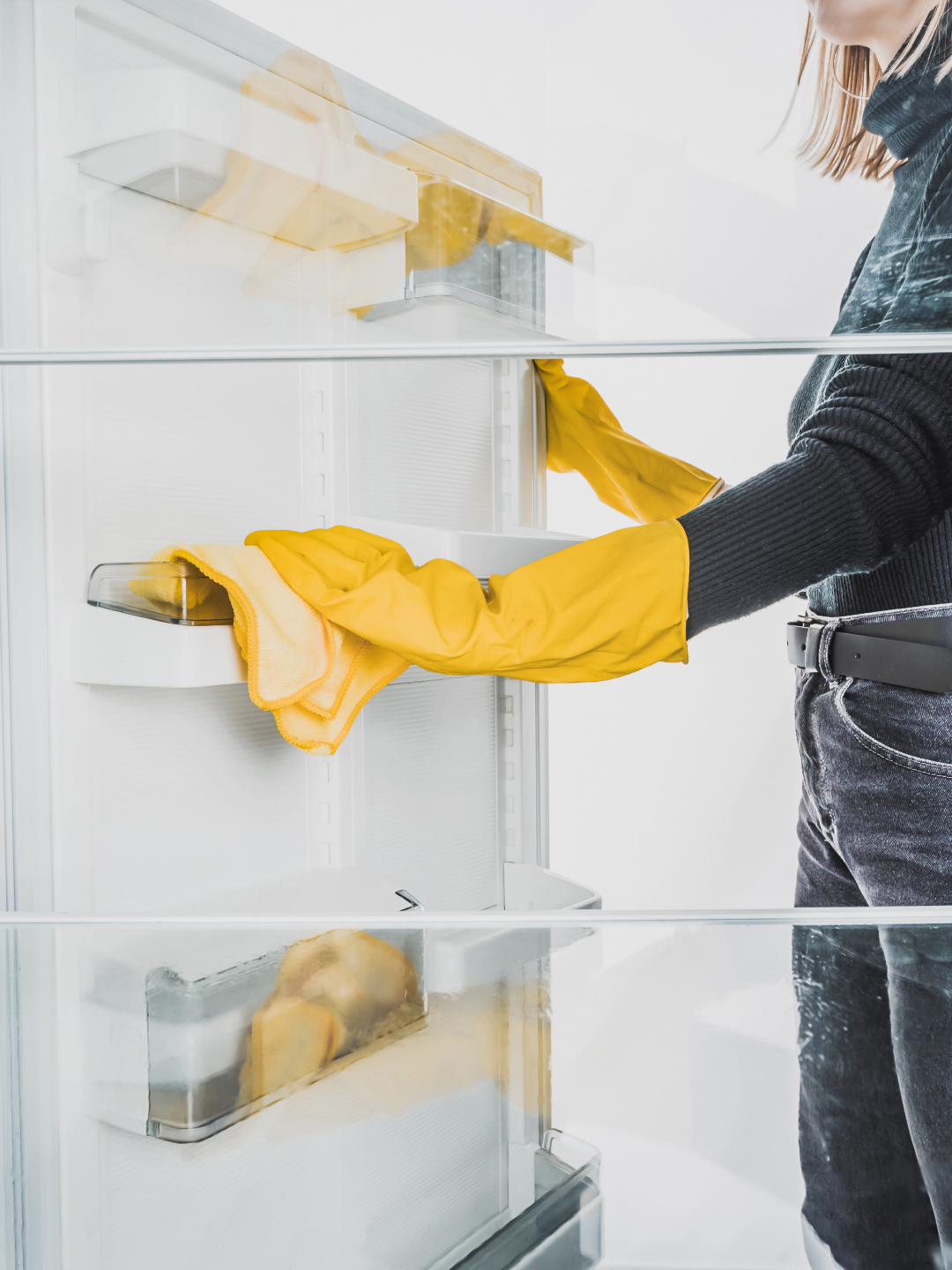 A person wearing yellow rubber gloves is cleaning the interior of a refrigerator, focusing on the shelves.